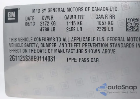 2014 Chevrolet Impala 2Lt из США, поврежденный, VIN 2G1125S38E9114031